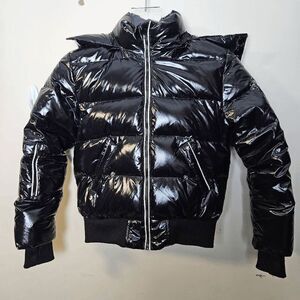 Alipicks Faux Fur Polyester Long Sleeve Hooded Puffer Jacket Full Zip Girls Blac